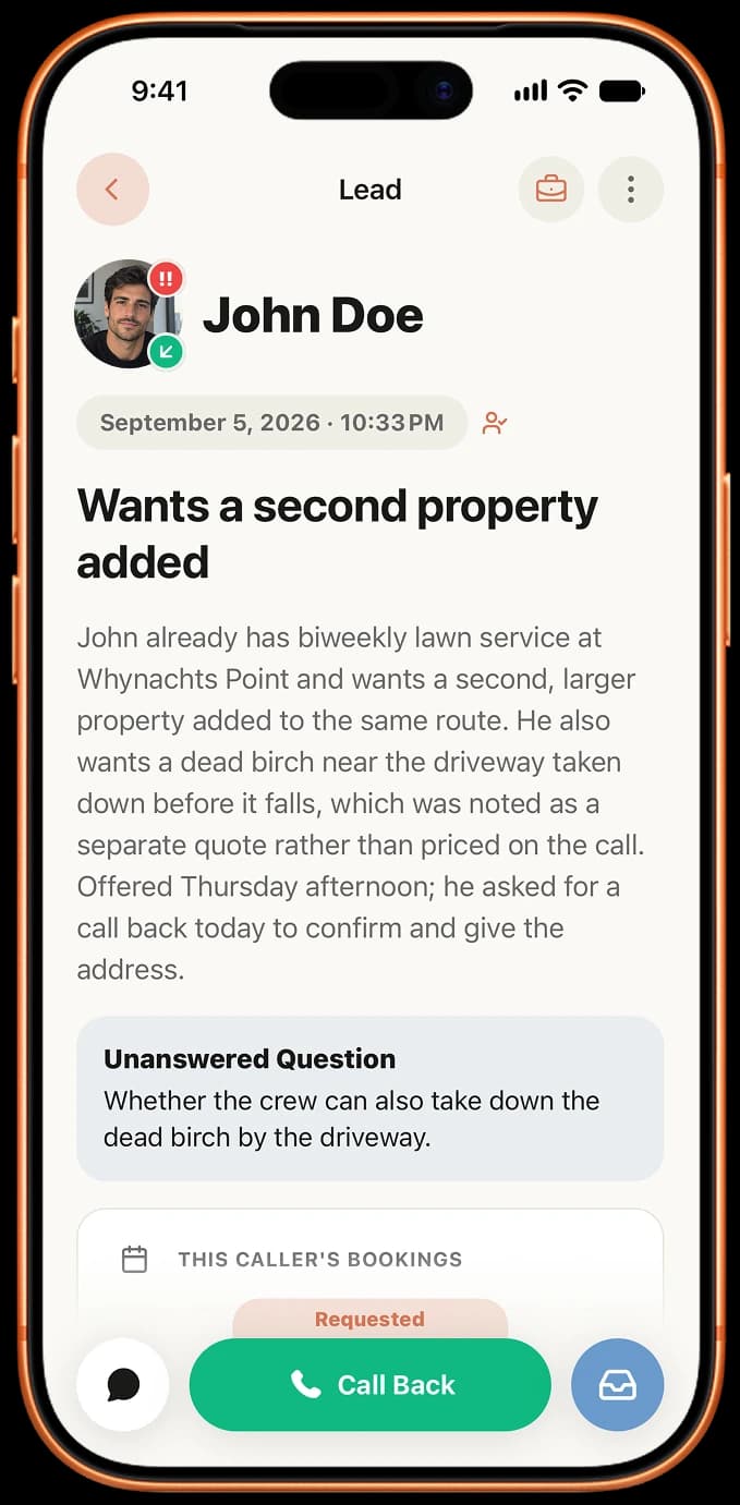 Saidee app on iPhone: a lead page with the caller, what they want, an unanswered question and a Call Back button