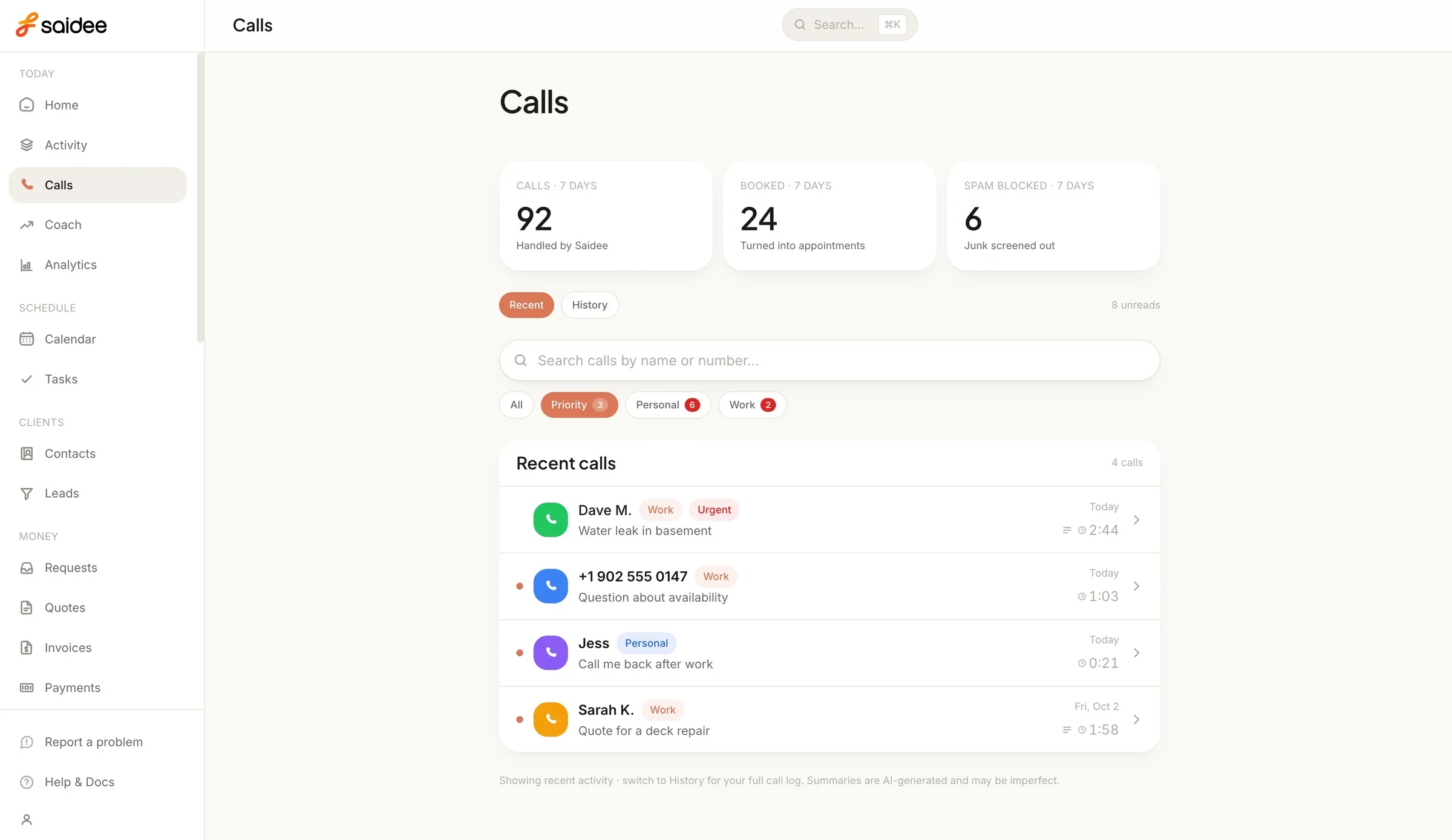 Saidee web dashboard: the calls list with each call tagged work, urgent or personal