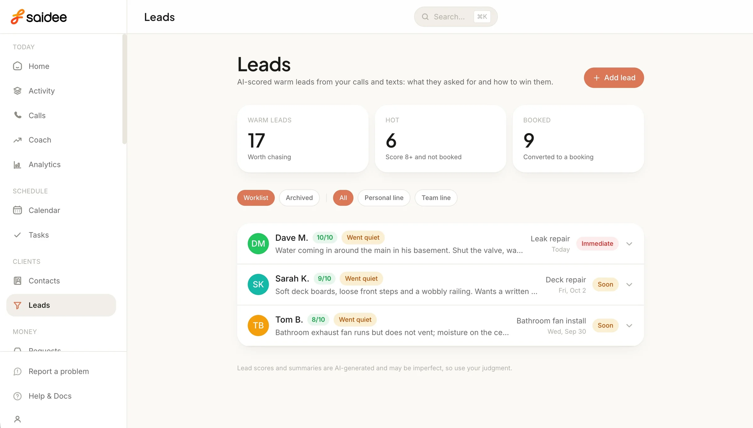 Saidee web dashboard: leads scored out of 10 with what each caller wants and how soon